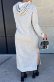 グレーファッションカジュアルソリッドスリットフード付き襟長袖ドレス