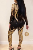 Goldfarbene, sexy bedruckte Patchwork-Jumpsuits mit O-Ausschnitt
