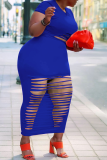 ブルーのセクシーなソリッドリップドOネックストレートプラスサイズのドレス