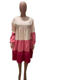 ピンク カジュアル ソリッド パッチワーク O ネック ケーキ スカート ドレス