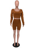 Brown Fashion Casual Solid Basic O Neck Long Sleeve Two Pieces