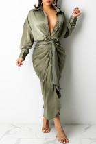 ライトグリーンファッションカジュアルソリッド包帯ターンダウンカラー長袖ドレス