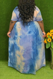 Blauwe casual patchwork tie-dye O-hals taartrok Grote maten jurken