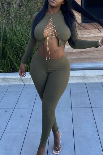 Army Green Sexy Solid Hollowed Out Patchwork Frenulum O Neck Long Sleeve Two Pieces