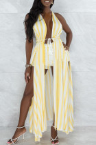 Yellow Sexy Print Hollowed Out Patchwork Backless Slit Asymmetrical Sleeveless Two Pieces