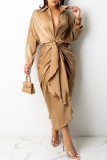 ブルゴーニュファッションカジュアルソリッド包帯ターンダウンカラー長袖ドレス
