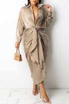 ライトベージュグレーファッションカジュアルソリッド包帯ターンダウンカラー長袖ドレス