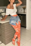 Pantalones pitillo de malla con estampado sexy de color naranja a media cintura con estampado completo
