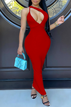 Rojo sexy sólido ahuecado correa de espagueti lápiz falda vestidos