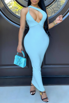 Light Blue Sexy Solid Hollowed Out Spaghetti Strap Pencil Skirt Dresses