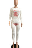 White Street Letter Print Patchwork O Neck Long Sleeve Two Pieces