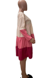 Robes de jupe de gâteau à col rond en patchwork uni décontracté rose