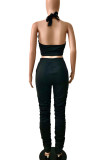 Black Casual Solid Bandage Patchwork Backless Halter Sleeveless Two Pieces