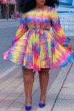 Lila Mode Casual Plus Size Print Basic O-hals långärmade klänningar