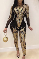 Goldfarbene, sexy bedruckte Patchwork-Jumpsuits mit O-Ausschnitt