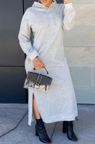 Grey Fashion Casual Solid Slit Hooded Collar Long Sleeve Dresses