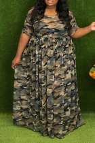 Camouflage Casual Patchwork Tie-dye O Neck Cake Jupe Robes de grande taille
