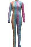 Multicolor Sexy Patchwork Hollowed Out Tie-dye Half A Turtleneck Skinny Jumpsuits