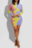 Färg Mode Casual Print Patchwork O-hals långärmade klänningar