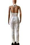 White Casual Solid Bandage Patchwork Backless Halter Sleeveless Two Pieces