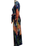 マルチカラーのセクシーなプリント パッチワーク ジッパー カラー ペンシル スカート ドレス