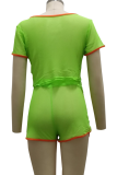 Green Sexy Solid Patchwork O Neck Short Sleeve Two Pieces