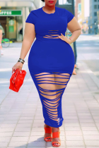 Синие сексуальные однотонные рваные прямые платья больших размеров с круглым вырезом