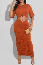 オレンジ色のセクシーなカジュアルソリッドくり抜かれた折り畳みOネック半袖ドレス
