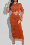 Оранжевое сексуальное повседневное сплошное выдолбленное платье с круглым вырезом и коротким рукавом