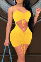 Amarelo Sexy Sólido Patchwork Draw String Fold Spaghetti Strap Lápis Vestidos