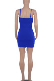 Color Blue Sexy Solid Patchwork Draw String Fold Spaghetti Strap Pencil Skirt Dresses