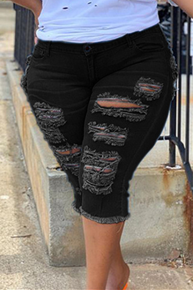 Black Fashion Casual Solid Ripped Plus Size Jeans