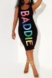 Schwarzes, modisches, lässiges Plus-Size-Buchstabendruck, ausgehöhltes Weste-Kleid mit U-Ausschnitt
