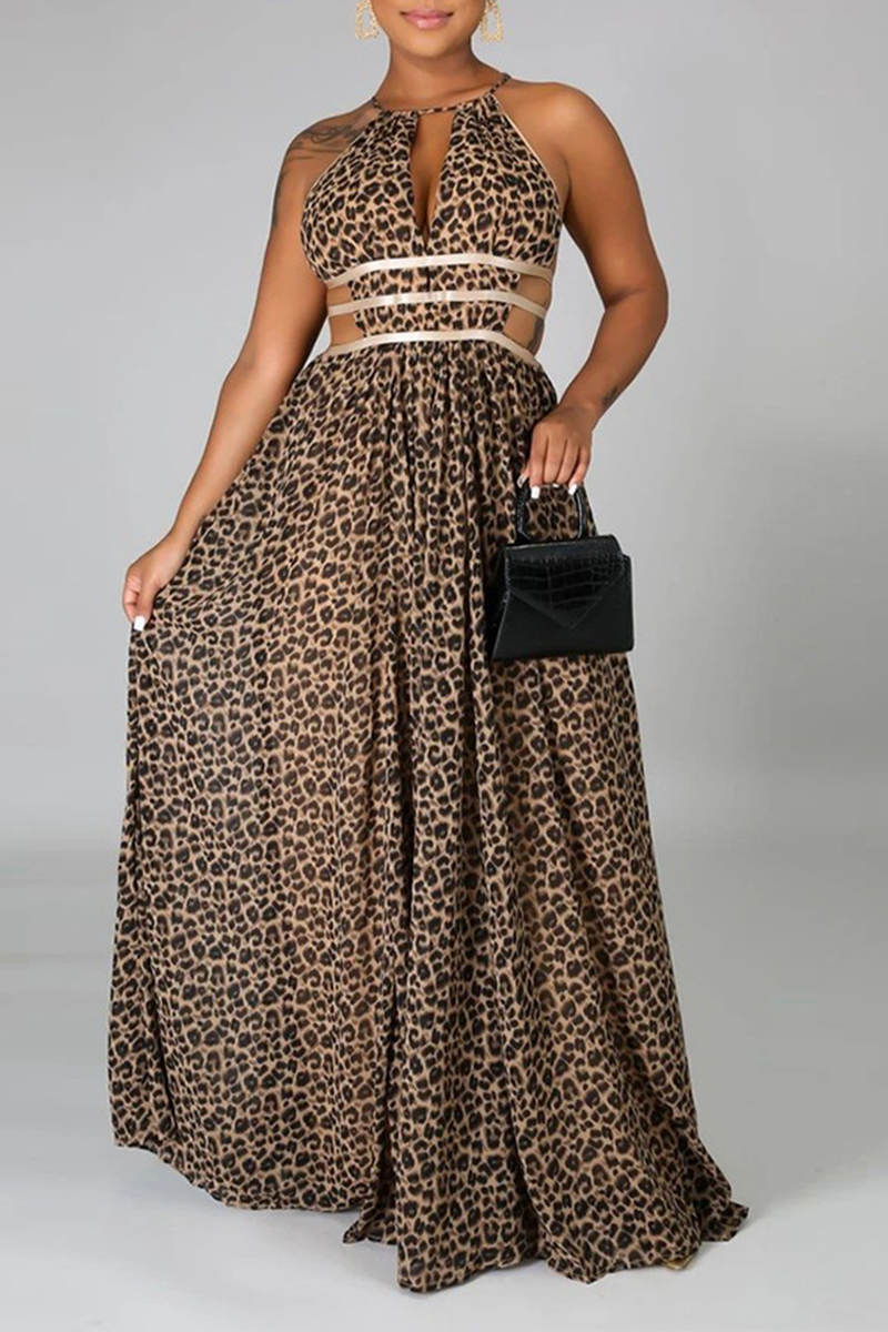 

Leopard Print Sexy Leopard Split Joint Halter Cake Skirt Dresses