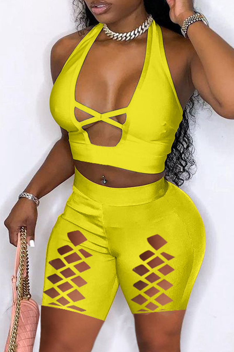 Wholesale Yellow Fashion Sexy Solid Hollowed Out Backless Halter Skinny Two Piece Set Ws24831 5 2183