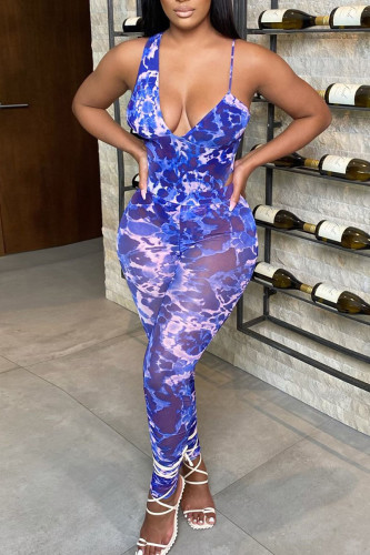 Blue Sexy Print Patchwork Asymmetrical V Neck Skinny Jumpsuits