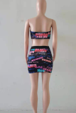 Blue Sexy Letter Print Patchwork Strapless Sleeveless Two Pieces Tube Crop Tops And Skirt Sets