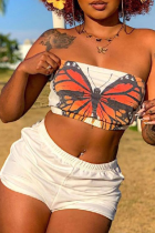 Branco sexy borboleta estampa patchwork sem alças sem mangas duas peças