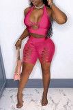 Розово-красный модный сексуальный однотонный обтягивающий комплект из двух предметов с открытой спиной и лямкой на шее