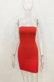 Rose Red Sexy Solid Patchwork Strapless Pencil Skirt Dresses