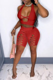 Красный модный сексуальный однотонный облегающий комплект из двух предметов с открытой спиной и лямкой на шее
