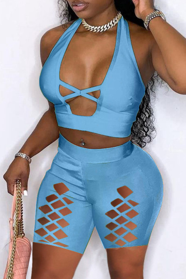 Blue Fashion Sexy effen uitgeholde backless halter skinny tweedelige set