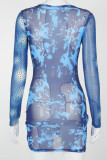 Blue Street Camouflage Print Patchwork Draw String See-through Fold O Neck Pencil Skirt Dresses