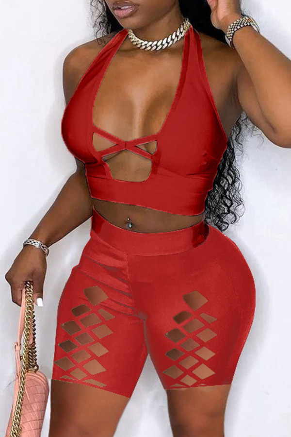 Conjunto de duas peças vermelho moda sexy sólido vazado sem costas sem costas