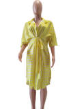 Желтые повседневные платья-рубашки в полоску в стиле пэчворк с отложным воротником