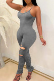 Grey Sexy Solid Ripped Patchwork Spaghetti Strap Skinny Jumpsuits