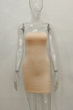 タンジェリンレッドのセクシーなソリッドパッチワークストラップレスペンシルスカートドレス