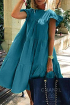Blue Casual Solid Patchwork O Neck Cake Skirt Dresses