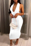 White Sexy Solid Patchwork Backless Halter Pencil Skirt Dresses