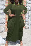 Зеленое повседневное сплошное лоскутное асимметричное платье с круглым вырезом и асимметричным платьем Платья больших размеров